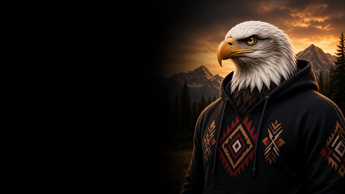 Bald eagle wearing a black Eagle Trail hoodie