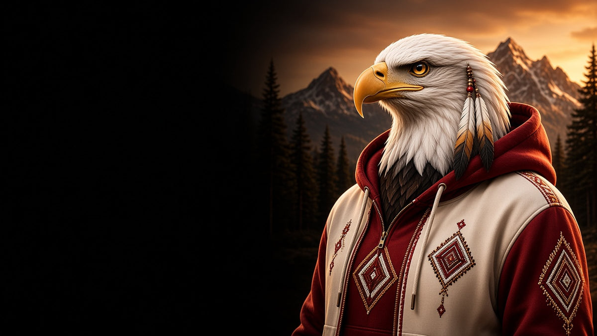 Eagle wearing a beaded red and cream Eagle Trail hoodie