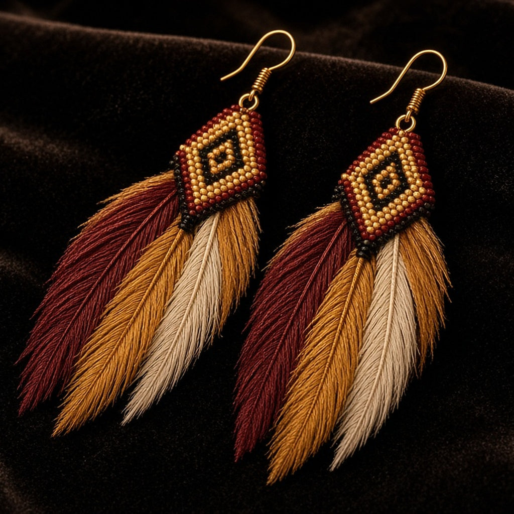 Feather earrings with beaded diamond