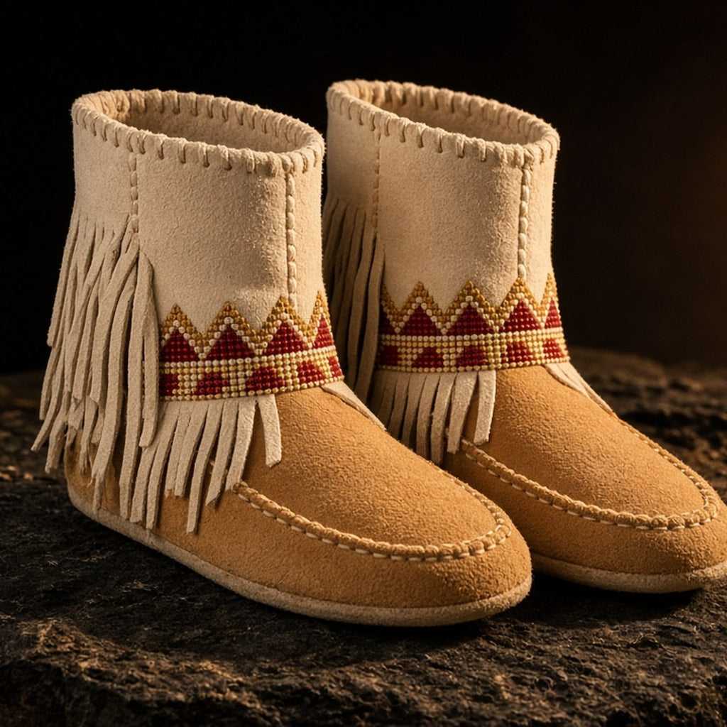 Tan suede fringe moccasin boots with beaded band